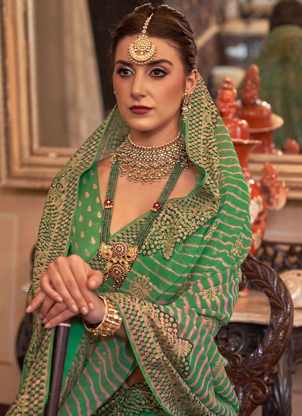 Contemporary Georgette Green Patch Border Saree