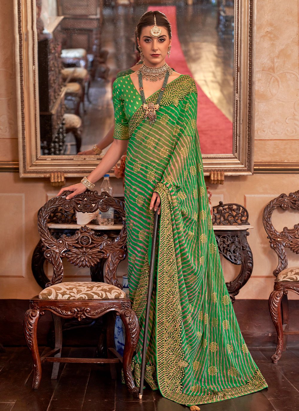 Contemporary Georgette Green Patch Border Saree