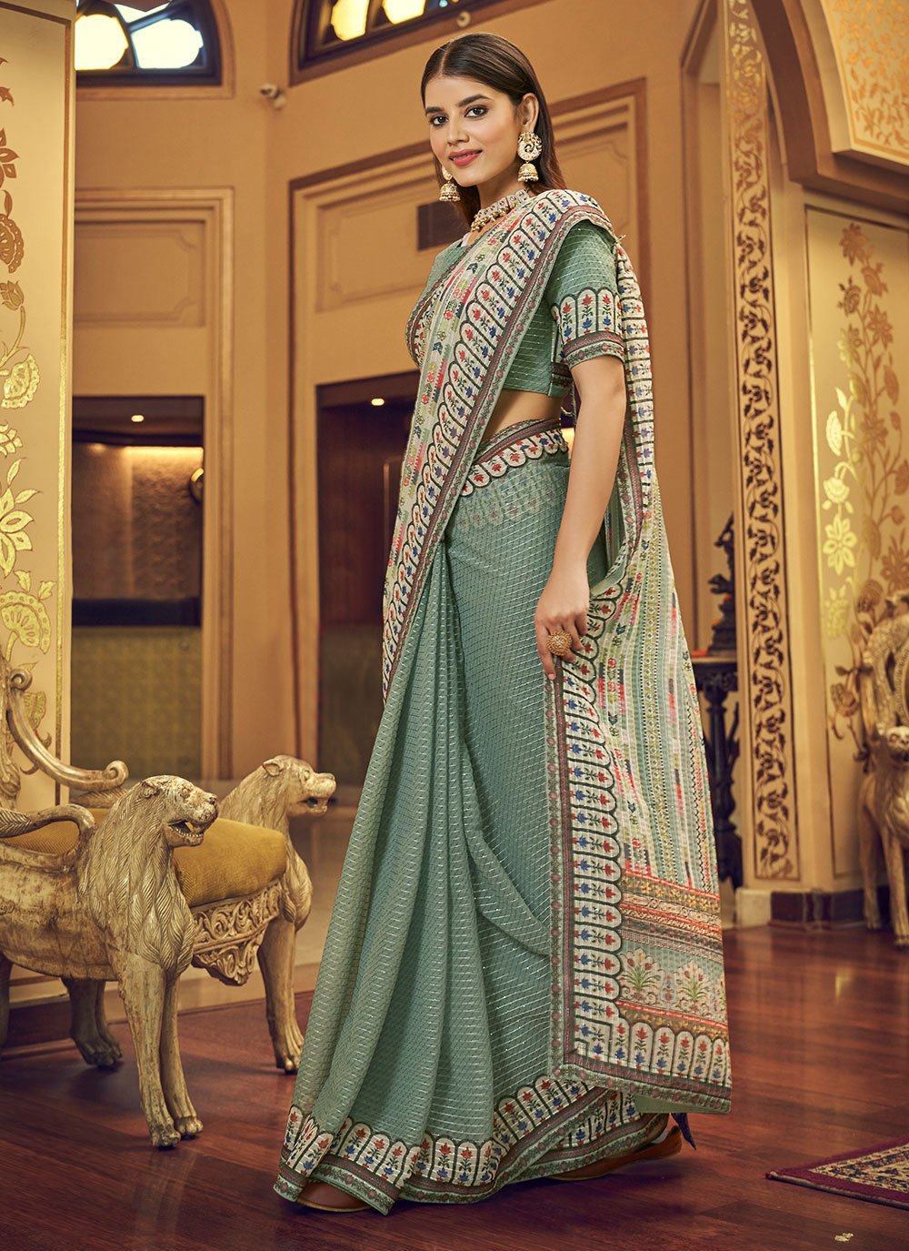 Classic Georgette Green Sequins Saree