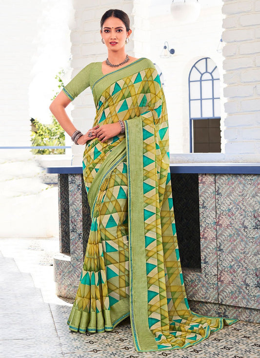 Classic Georgette Green Patch Border Saree