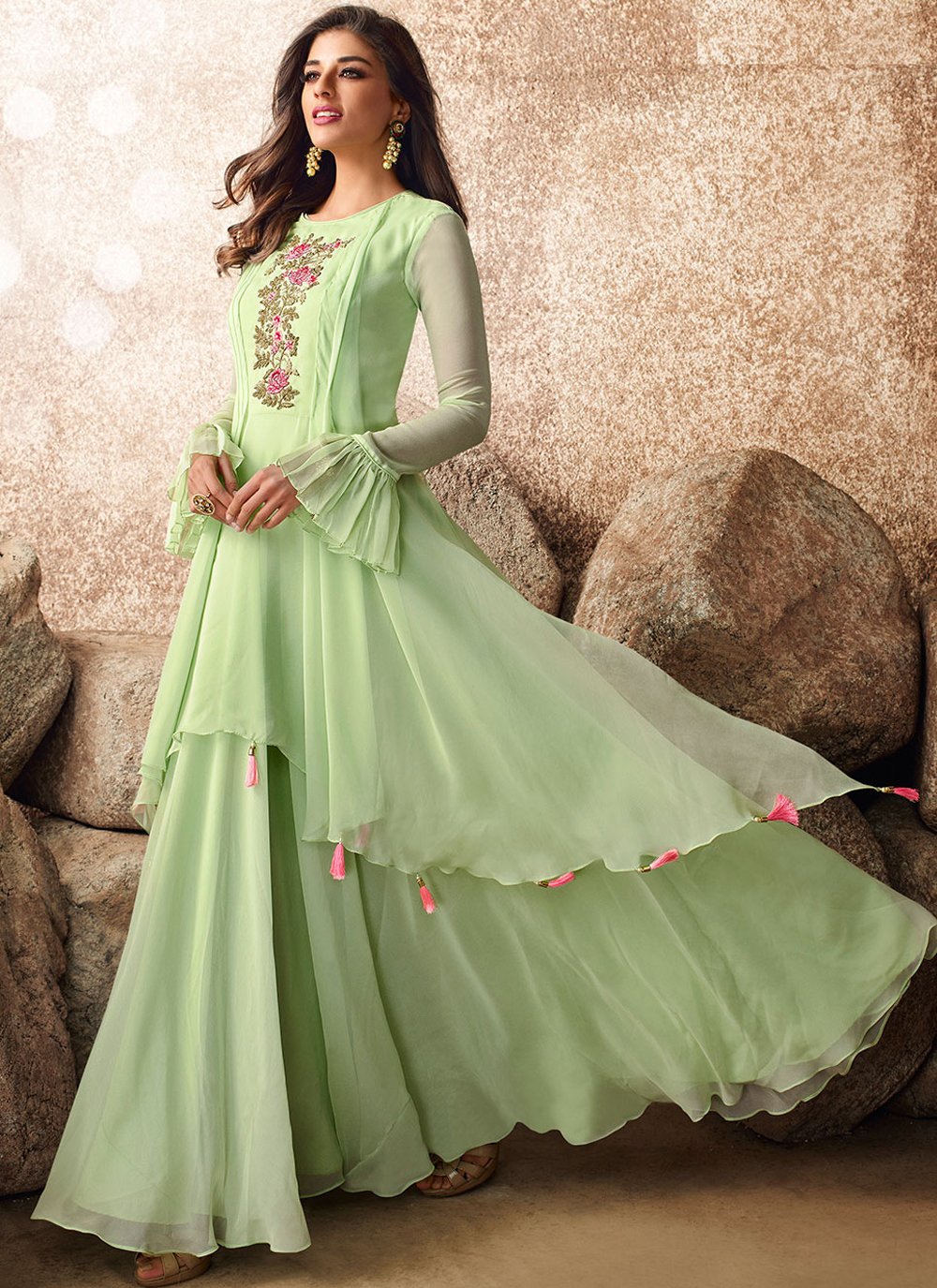 Designer Gown Georgette Green Embroidered Gown