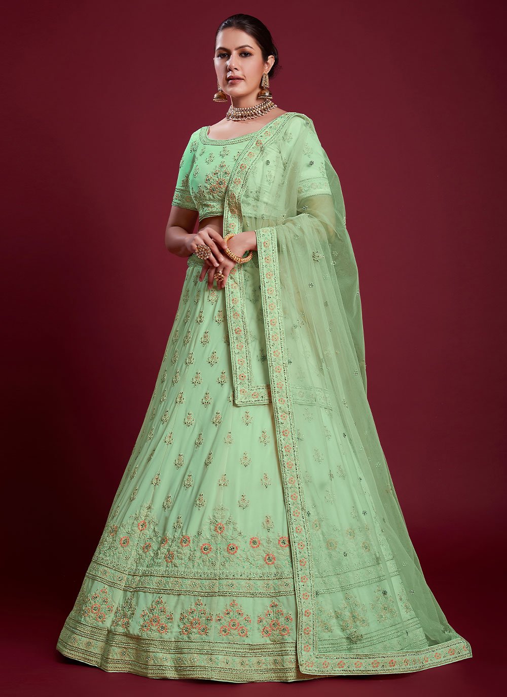 Lehenga Choli Georgette Green Dori Work Lehenga Choli