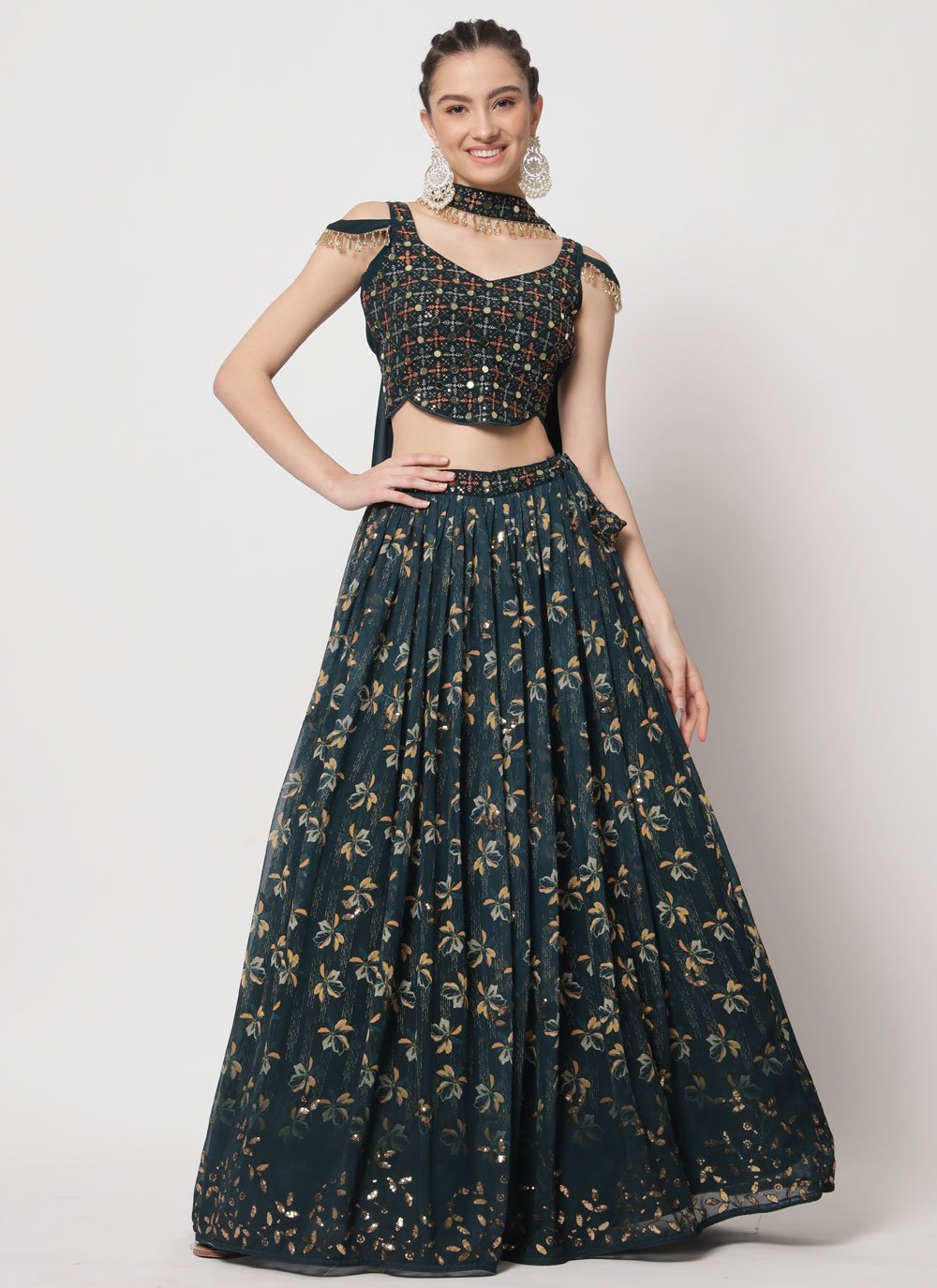 Lehenga Choli Georgette Green Embroidered Lehenga Choli