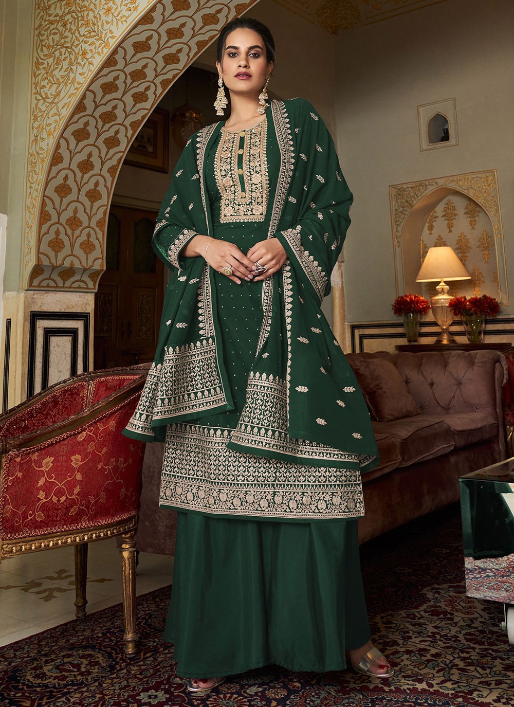 Palazzo Salwar Suit Georgette Green Diamond Salwar Kameez