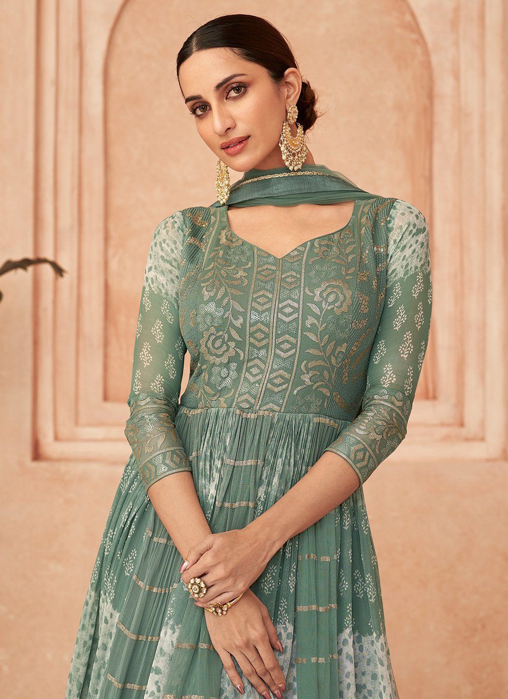 Designer Gown Georgette Green Embroidered Gown