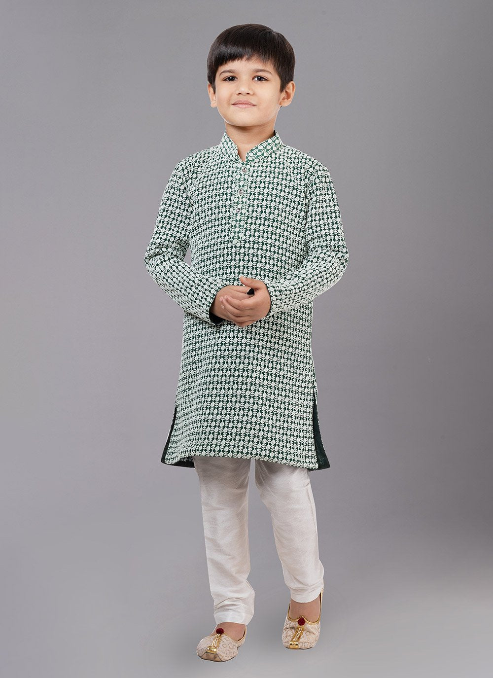 Kurta Pyjama Georgette Green Embroidered Kids