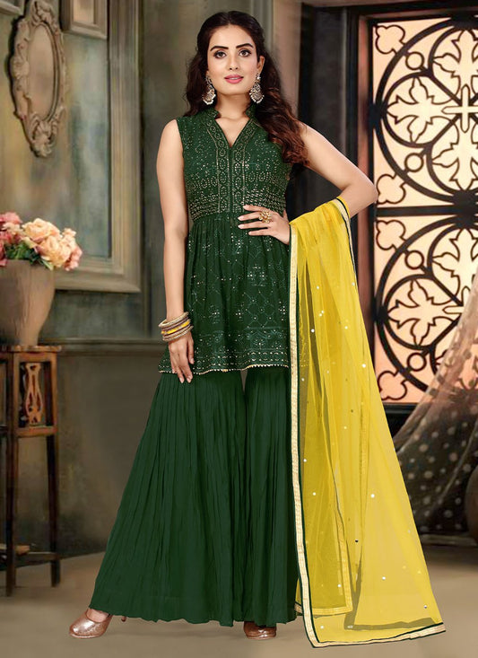 Palazzo Salwar Suit Georgette Green Stone Salwar Kameez