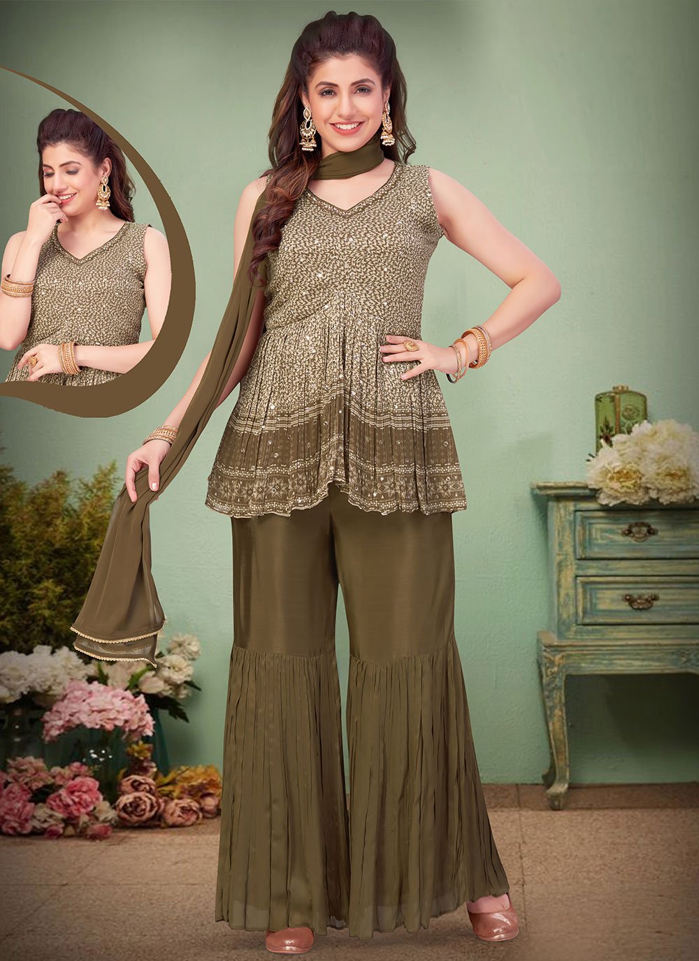 Salwar Suit Georgette Green Print Salwar Kameez