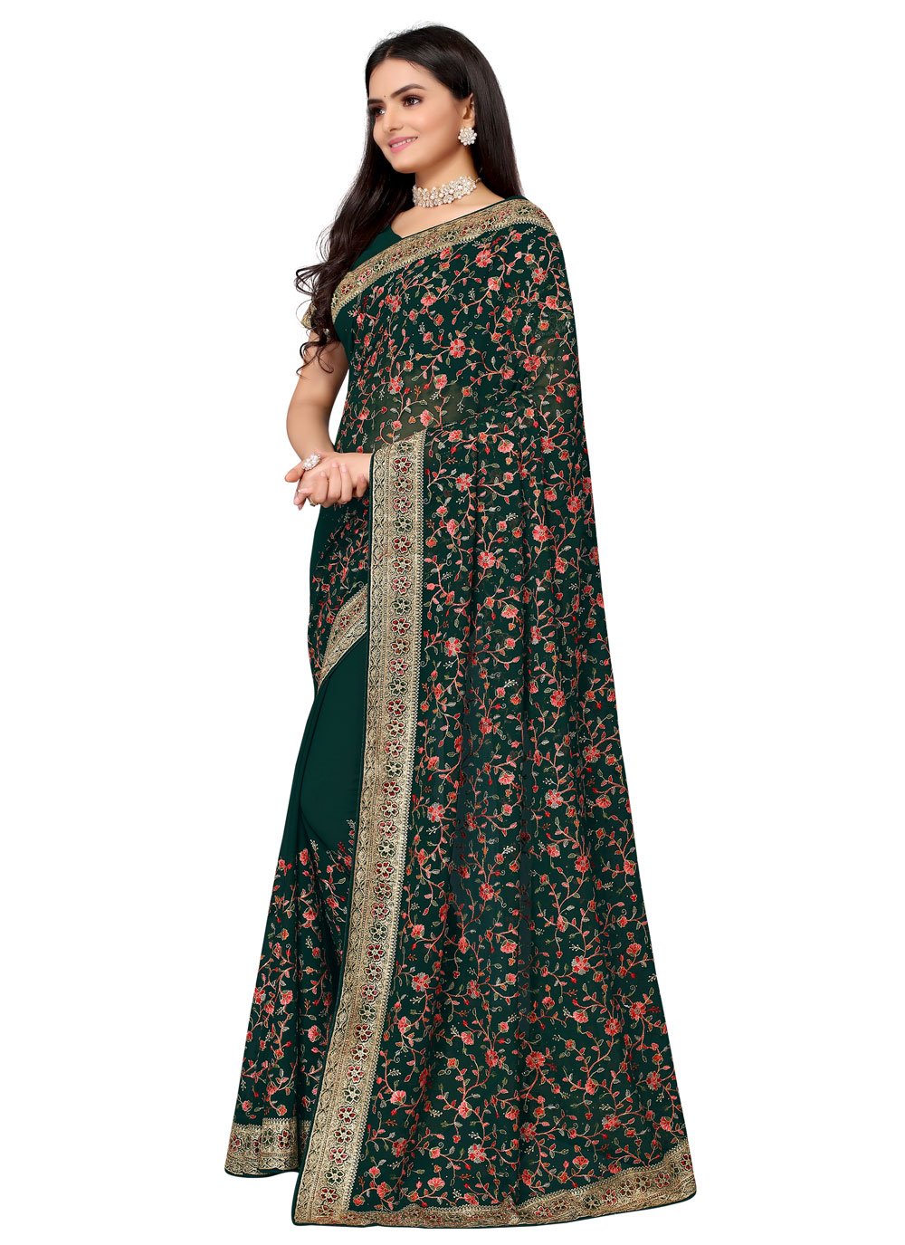 Trendy Saree Georgette Green Embroidered Saree