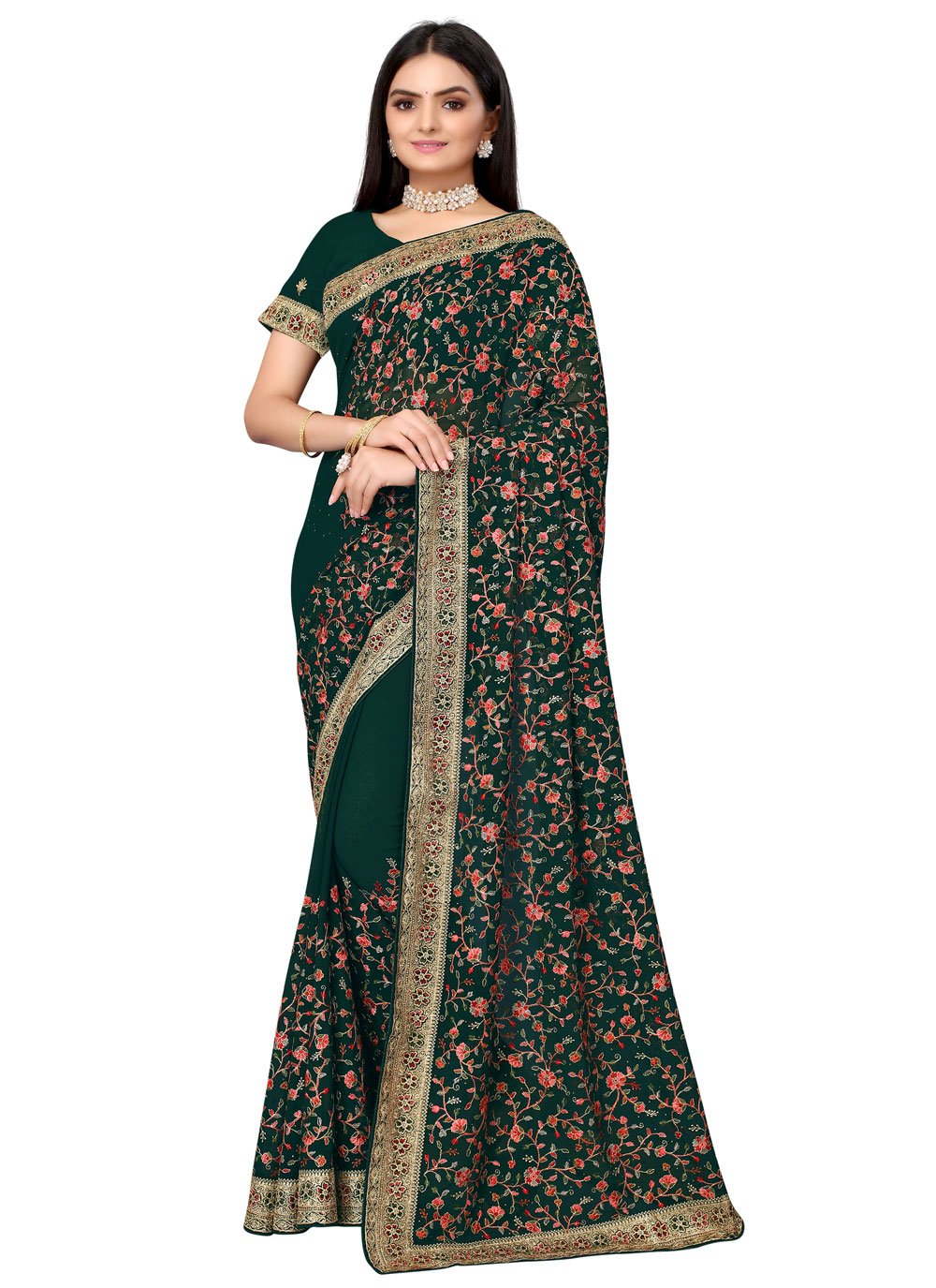 Trendy Saree Georgette Green Embroidered Saree