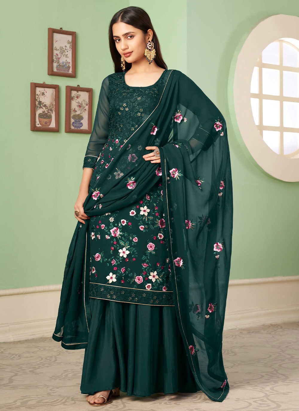 Salwar Suit Georgette Green Embroidered Salwar Kameez