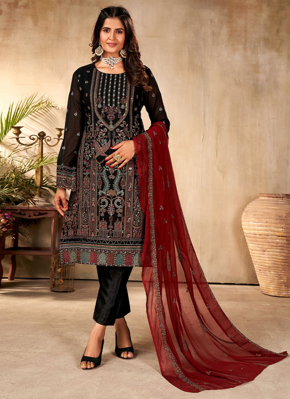 Salwar Suit Georgette Green Embroidered Salwar Kameez