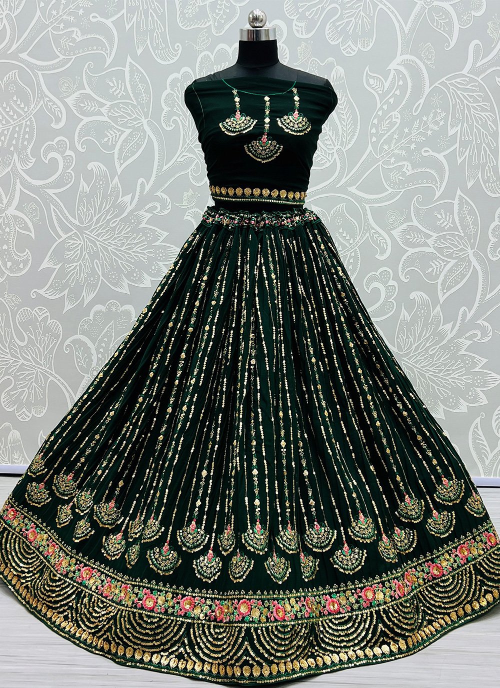 A Line Lehenga Georgette Green Embroidered Lehenga Choli