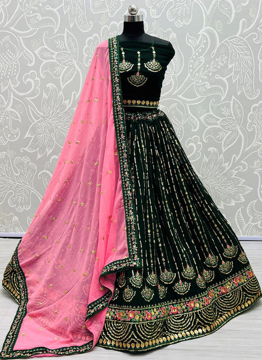 A Line Lehenga Georgette Green Embroidered Lehenga Choli