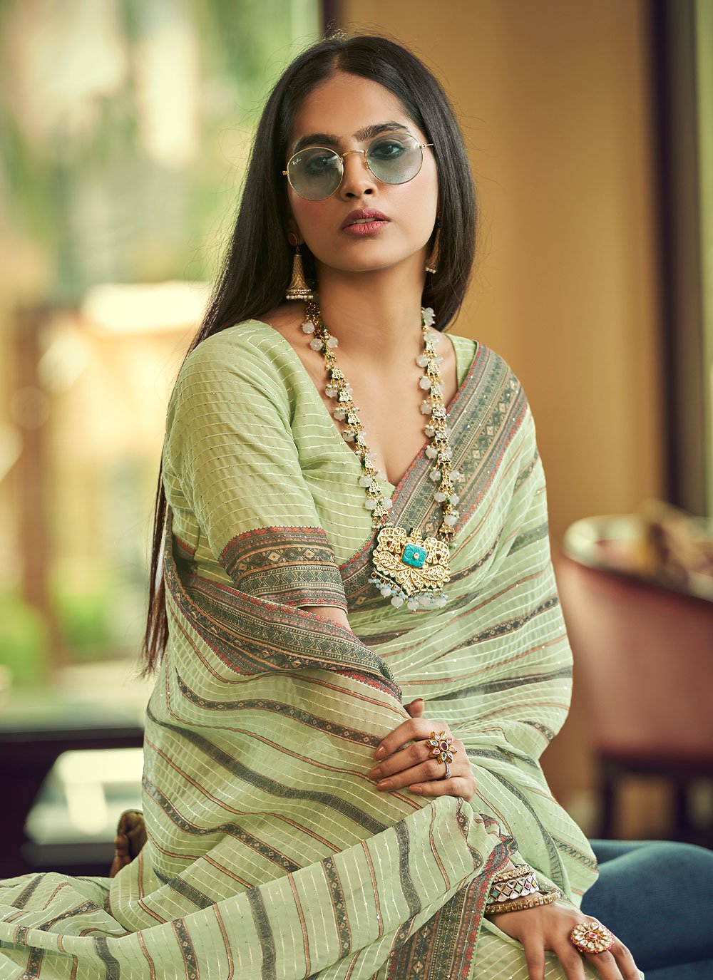 Traditional Saree Georgette Green Sequins Saree