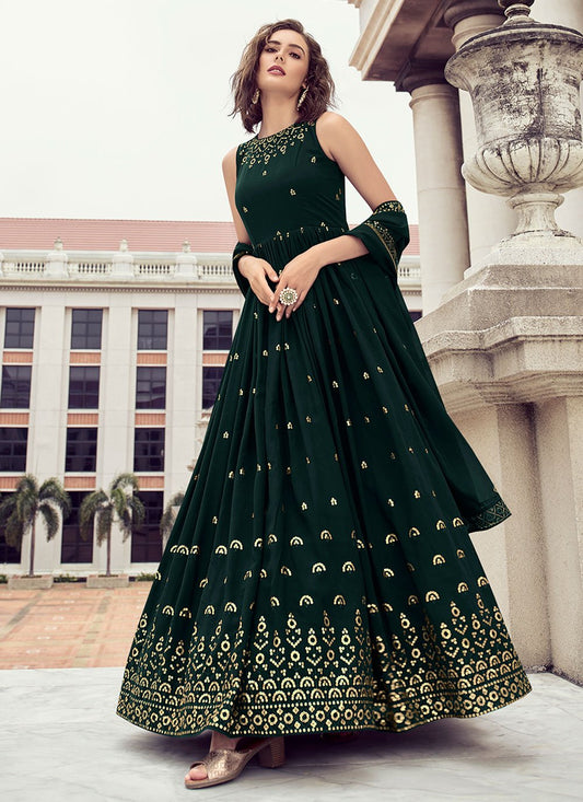 Gown Georgette Green Embroidered Gown