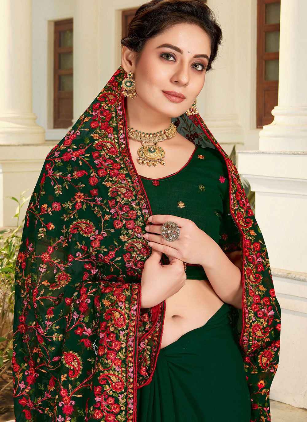 Trendy Saree Georgette Green Embroidered Saree