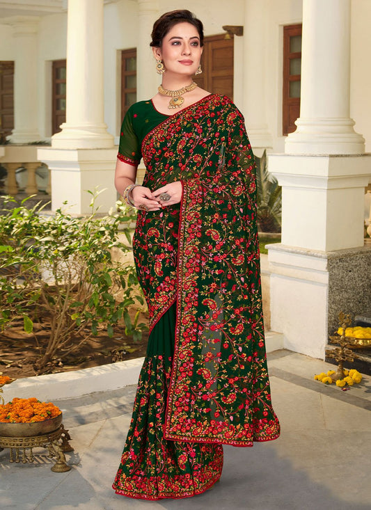 Trendy Saree Georgette Green Embroidered Saree