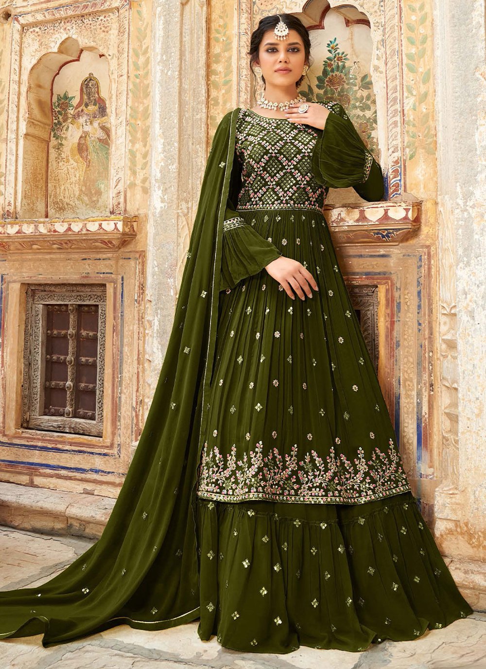 A Line Lehenga Georgette Green Embroidered Lehenga Choli