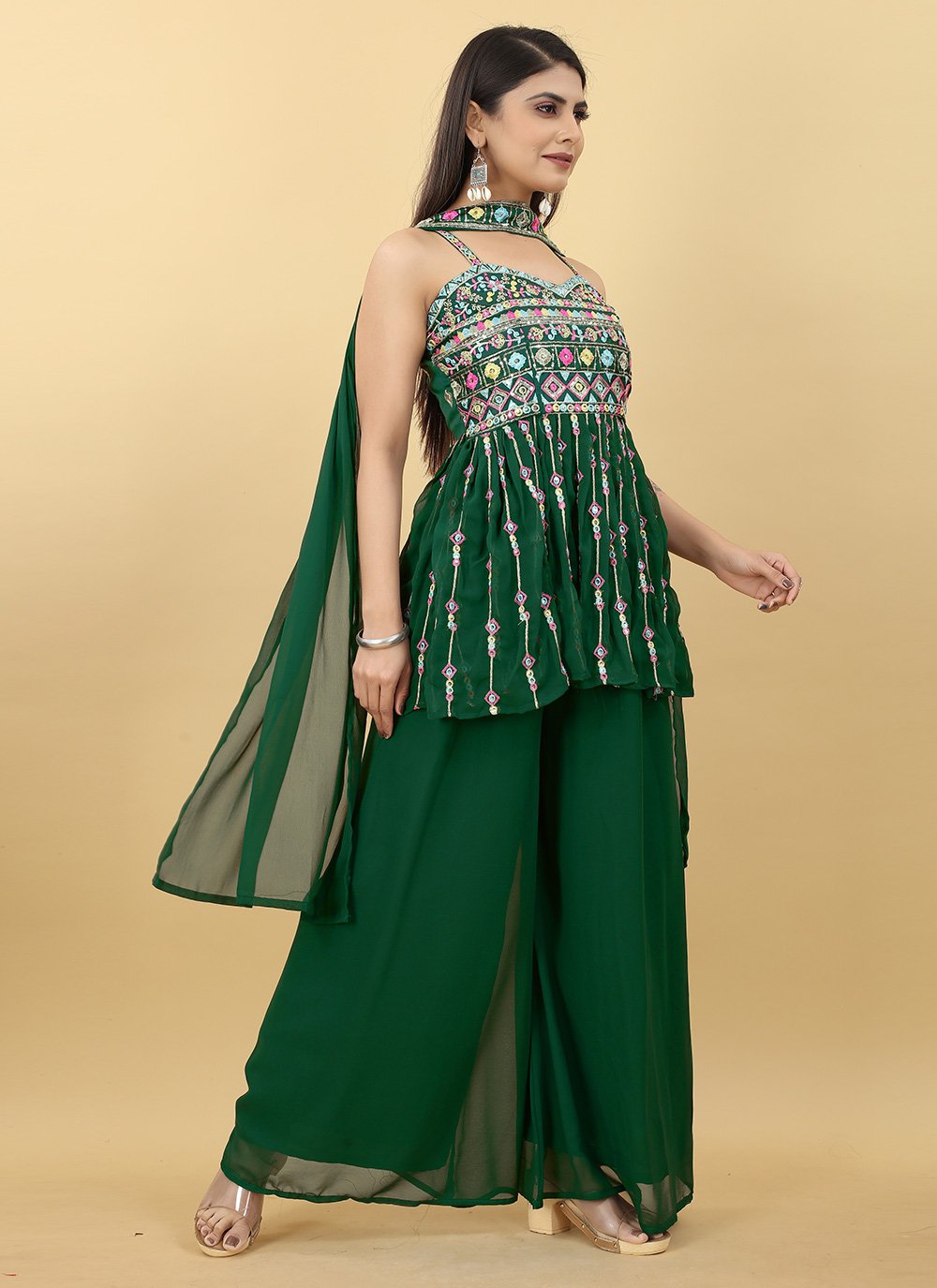 Palazzo Salwar Suit Georgette Green Embroidered Salwar Kameez