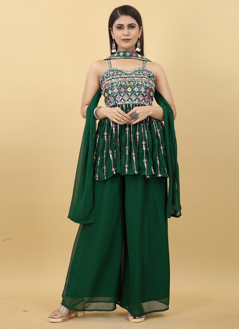 Palazzo Salwar Suit Georgette Green Embroidered Salwar Kameez