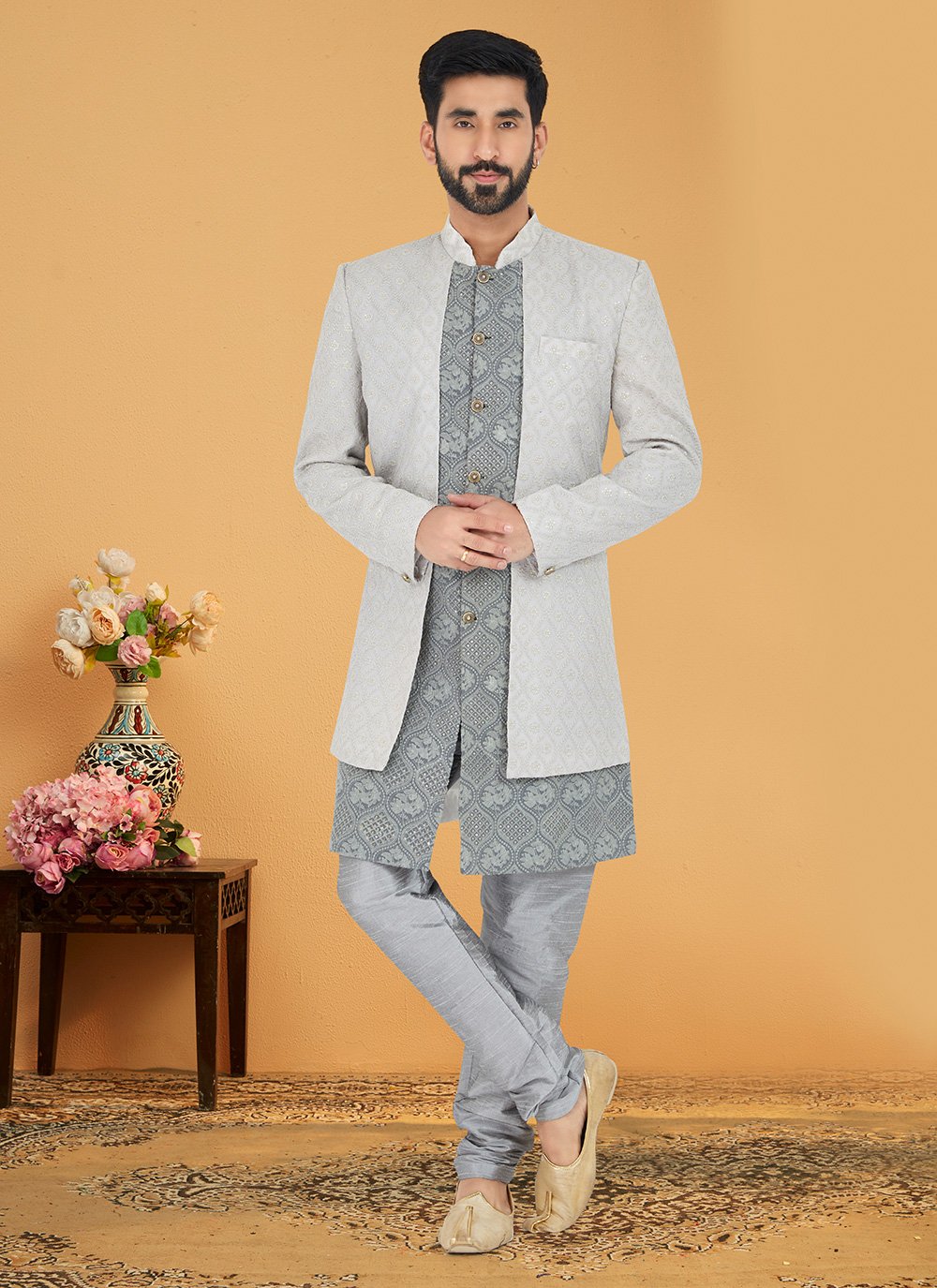 Indo Western Georgette Grey Silver Embroidered Mens