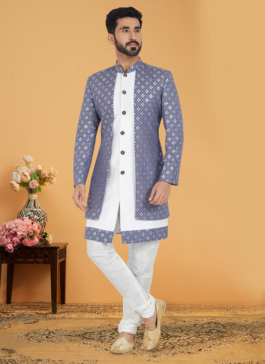 Indo Western Banarasi Silk Georgette Grey White Embroidered Mens