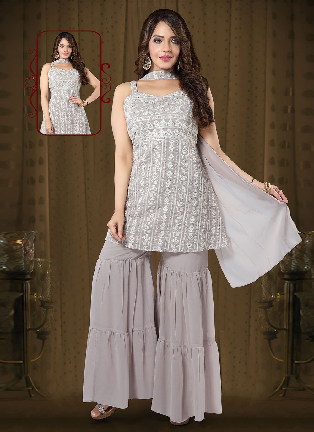 Palazzo Salwar Suit Georgette Grey Embroidered Salwar Kameez