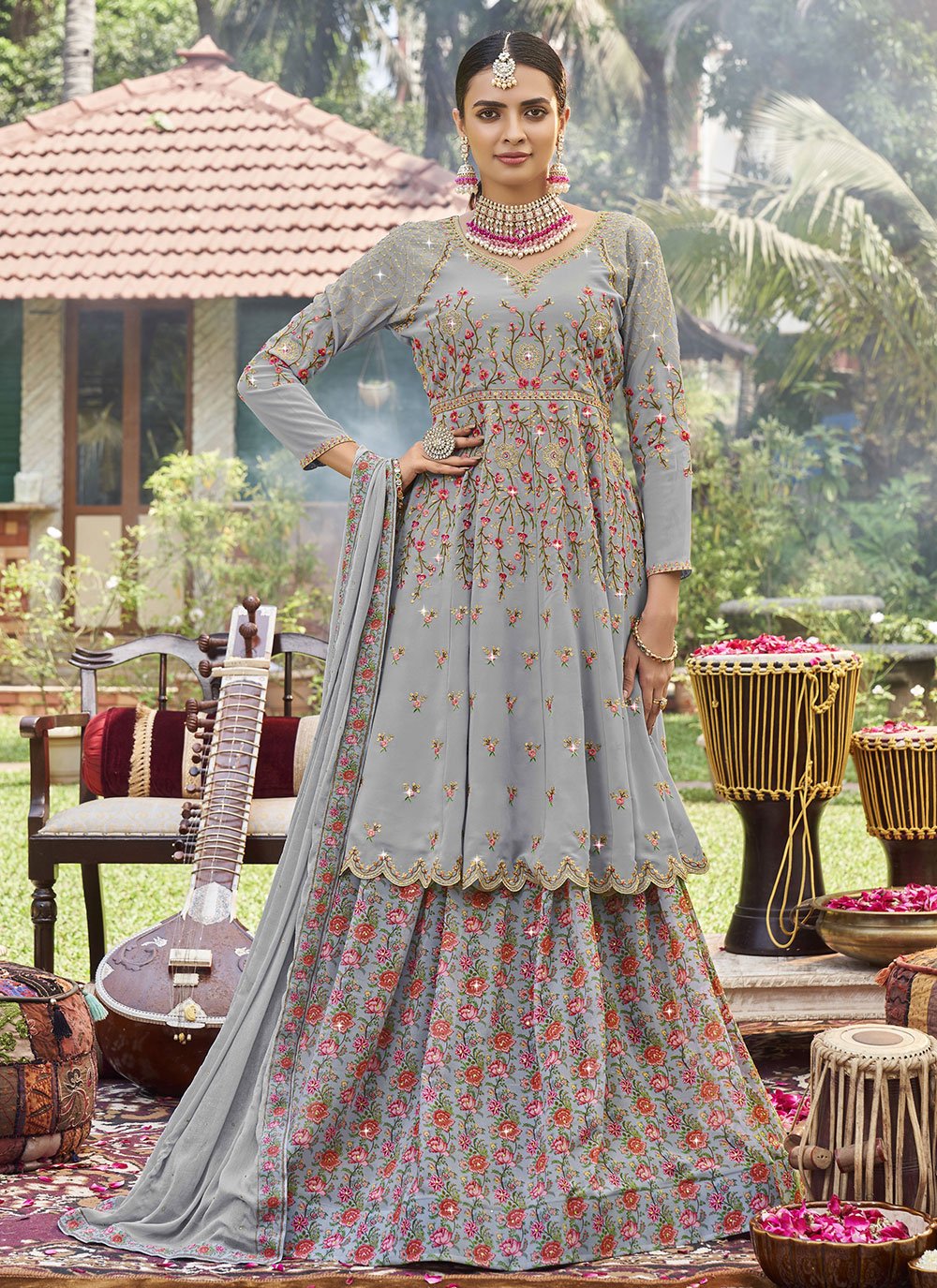 Lehenga Choli Georgette Grey Digital Print Lehenga Choli