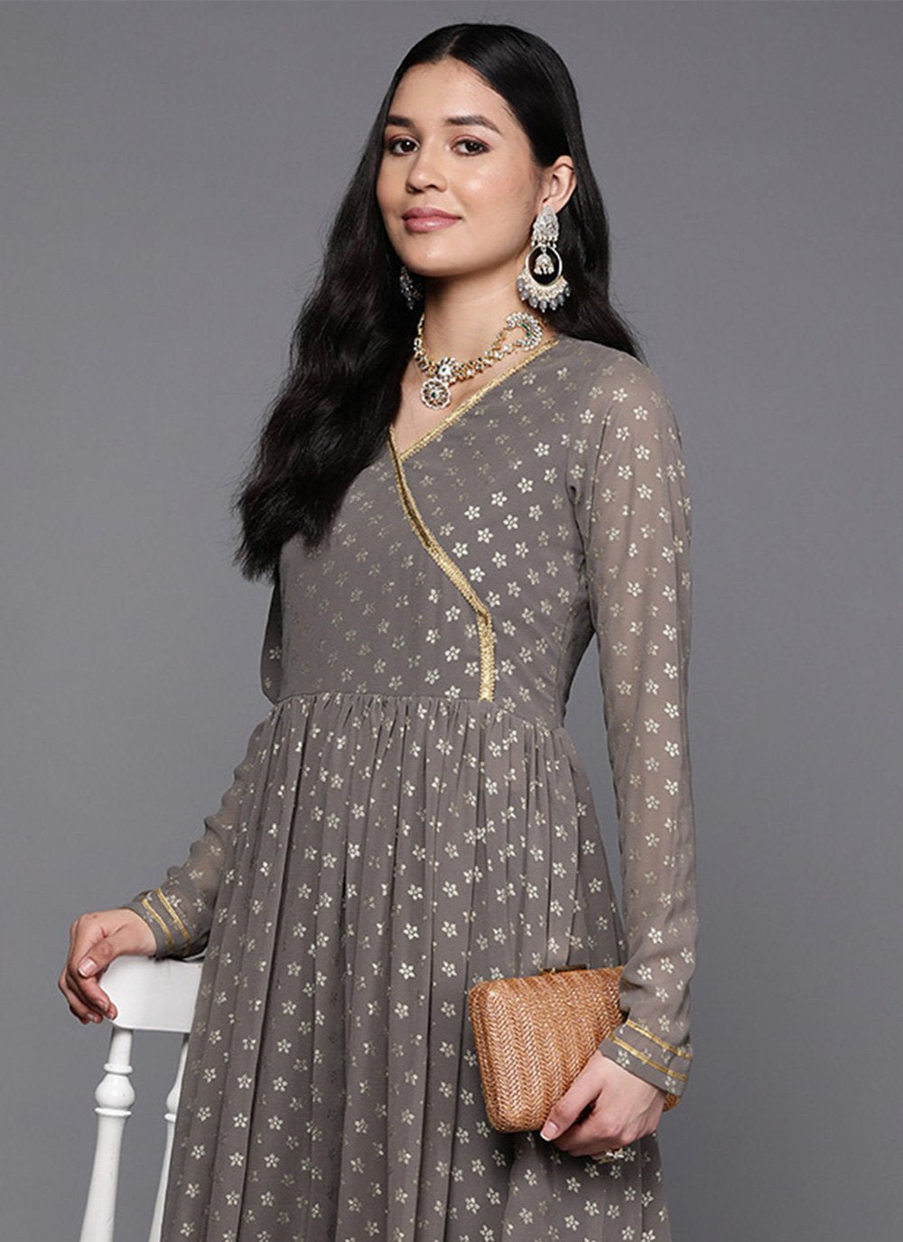 Party Wear Kurti Georgette Grey Print Kurtis