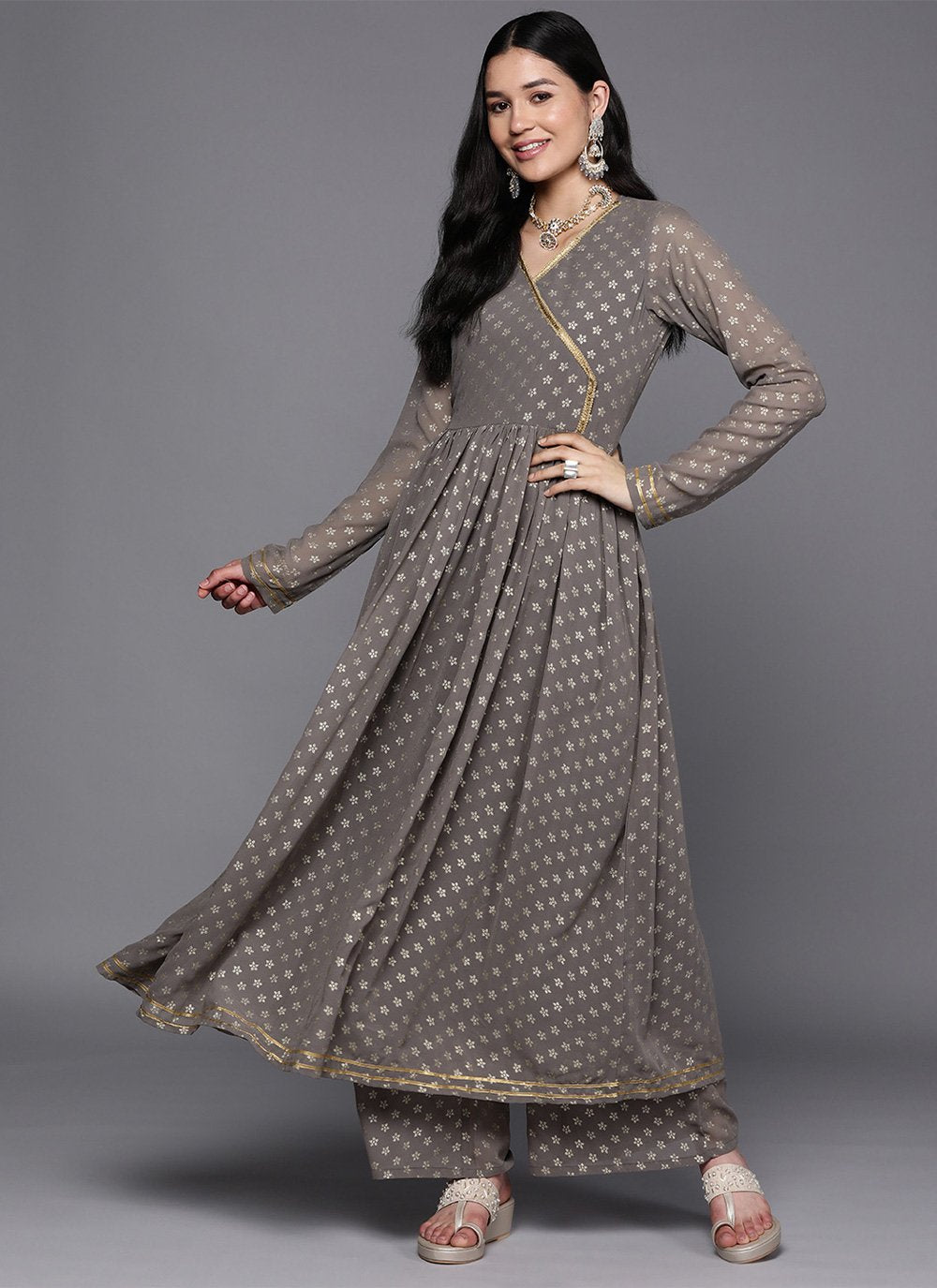 Party Wear Kurti Georgette Grey Print Kurtis