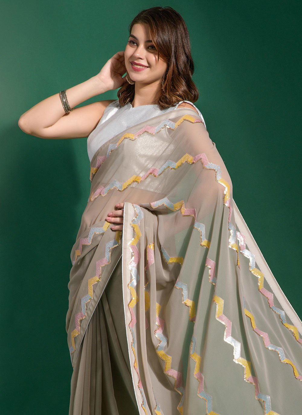 Classic Georgette Grey Embroidered Saree