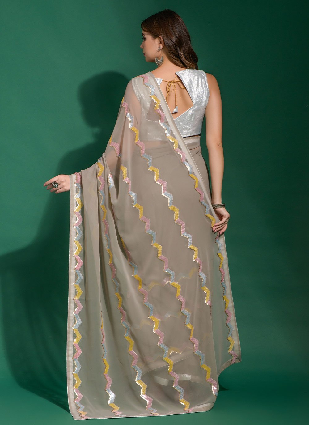 Classic Georgette Grey Embroidered Saree