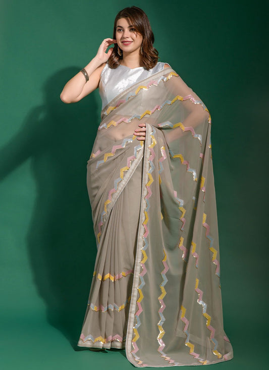 Classic Georgette Grey Embroidered Saree