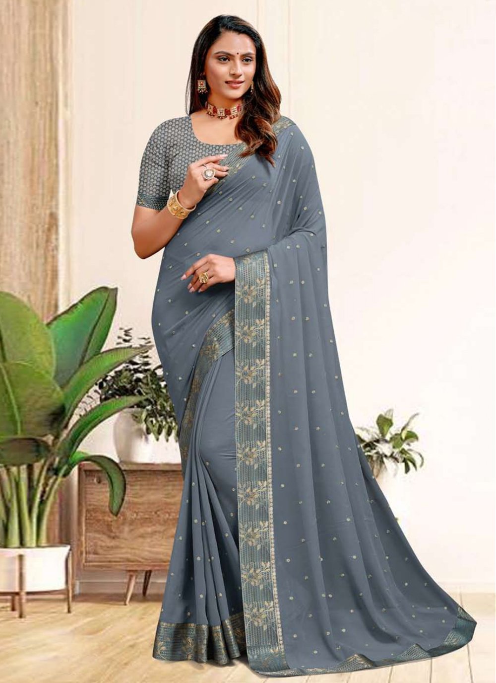 Trendy Saree Georgette Grey Embroidered Saree