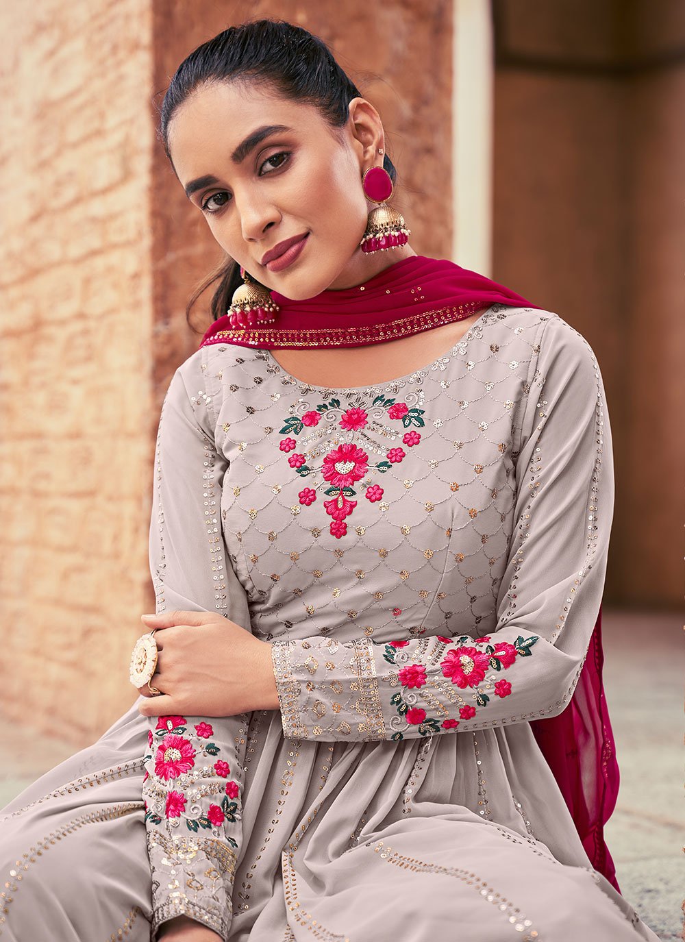 Salwar Suit Georgette Grey Embroidered Salwar Kameez