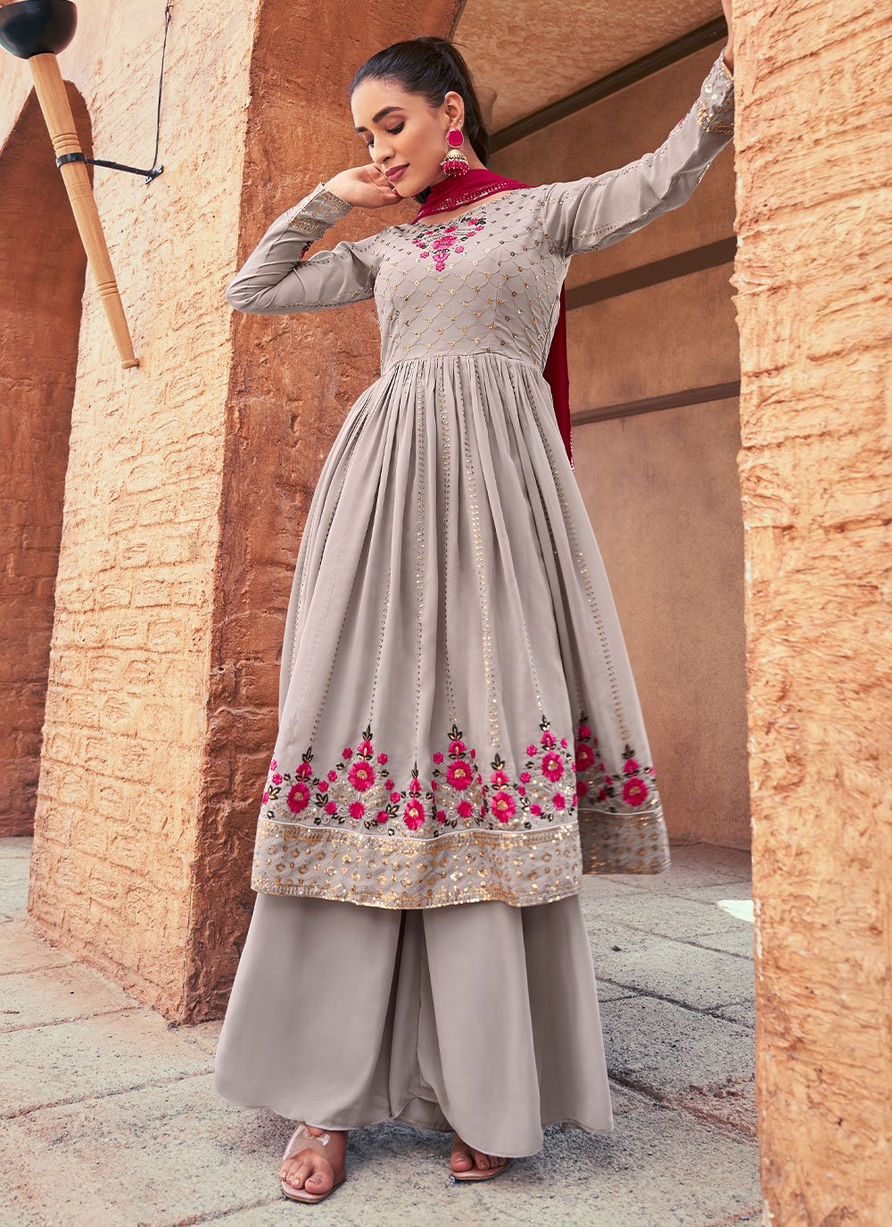 Salwar Suit Georgette Grey Embroidered Salwar Kameez