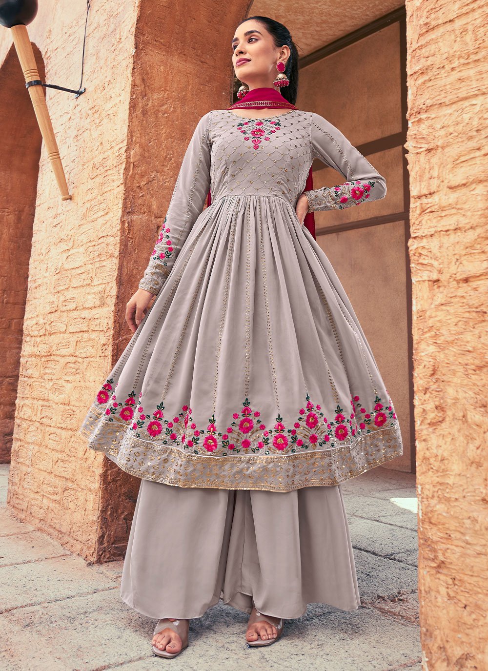 Salwar Suit Georgette Grey Embroidered Salwar Kameez