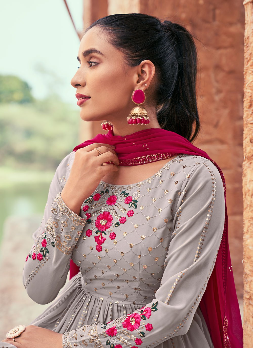 Salwar Suit Georgette Grey Embroidered Salwar Kameez