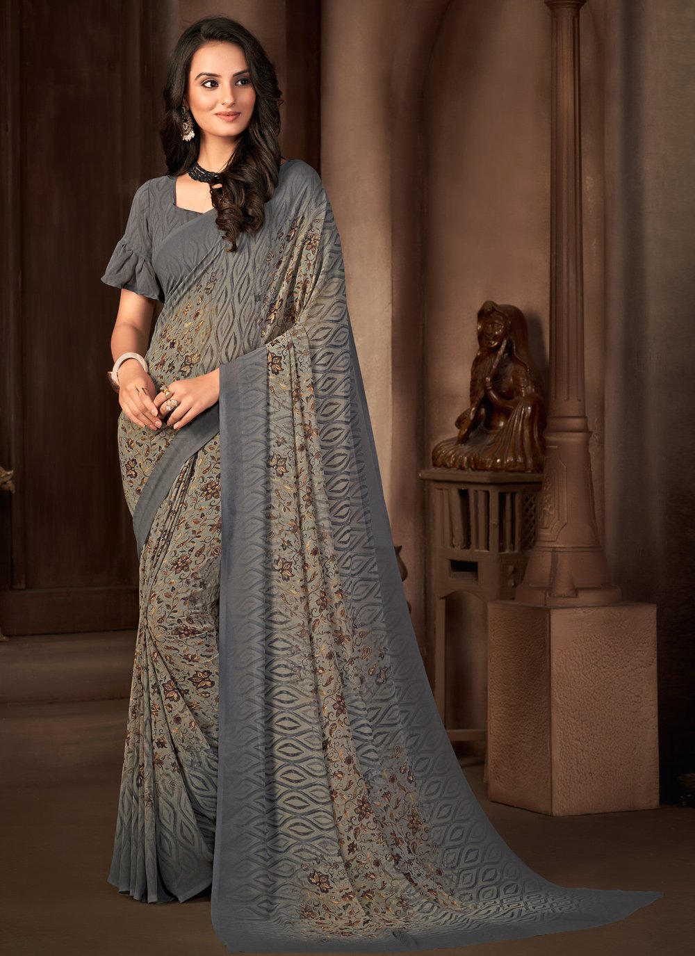 Trendy Saree Georgette Grey Print Saree