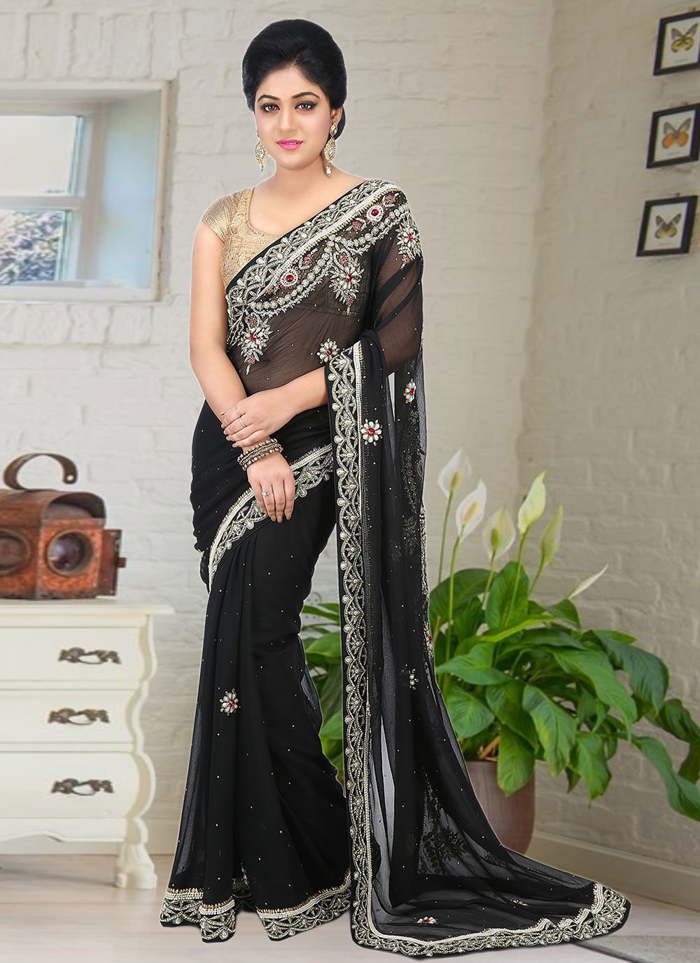 Trendy Saree Georgette Black Hand Work Saree