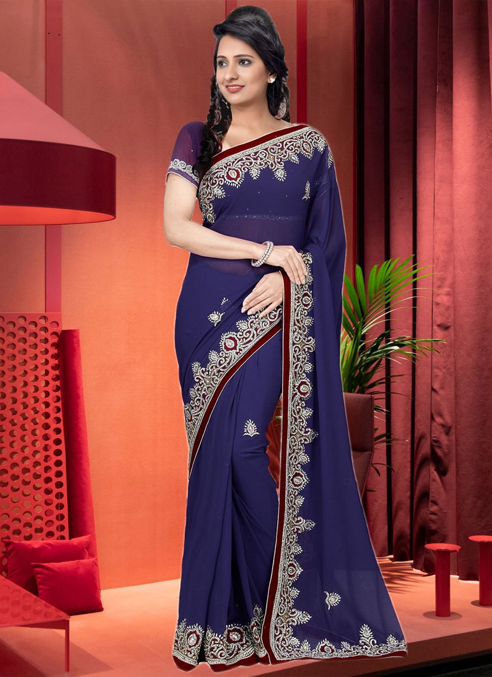 Classic Georgette Blue Hand Work Saree