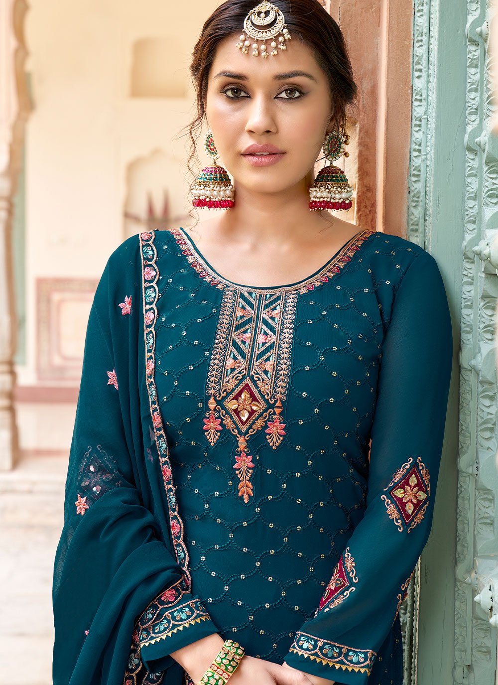 Straight Salwar Suit Georgette Morpeach Embroidered Salwar Kameez