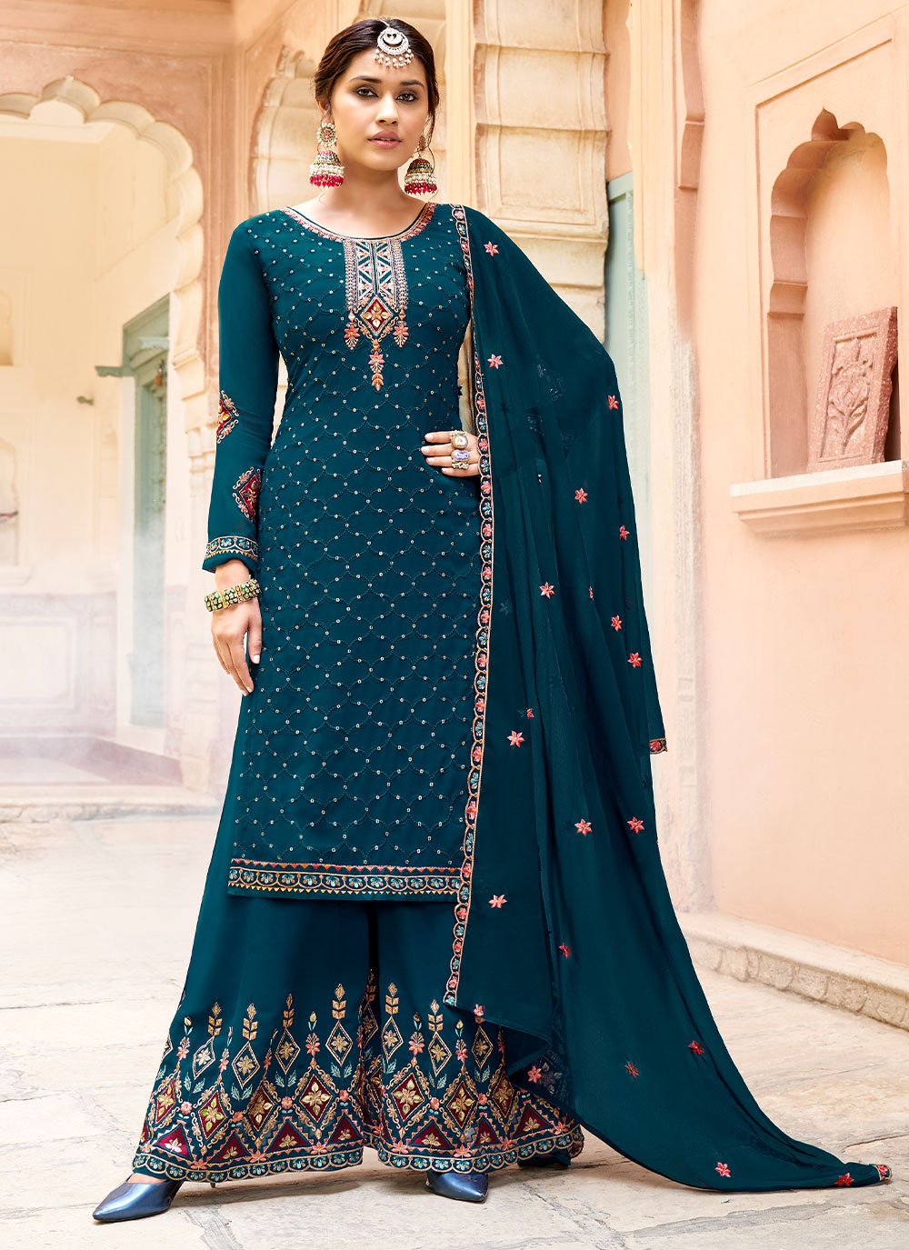 Straight Salwar Suit Georgette Morpeach Embroidered Salwar Kameez