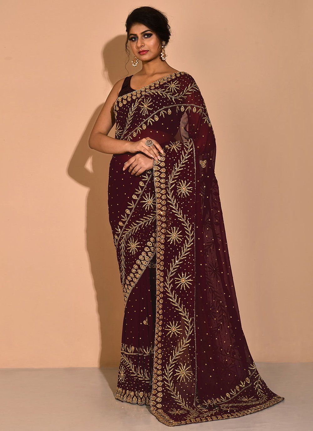 Trendy Saree Georgette Brown Embroidered Saree