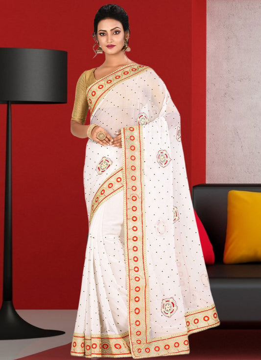 Trendy Saree Georgette White Hand Work Saree