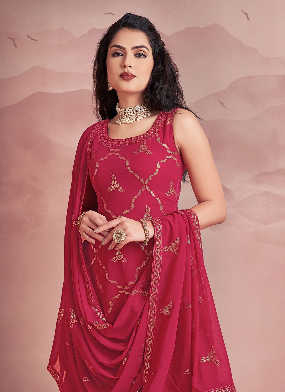 Readymade Style Georgette Hot Pink Sequins Salwar Kameez