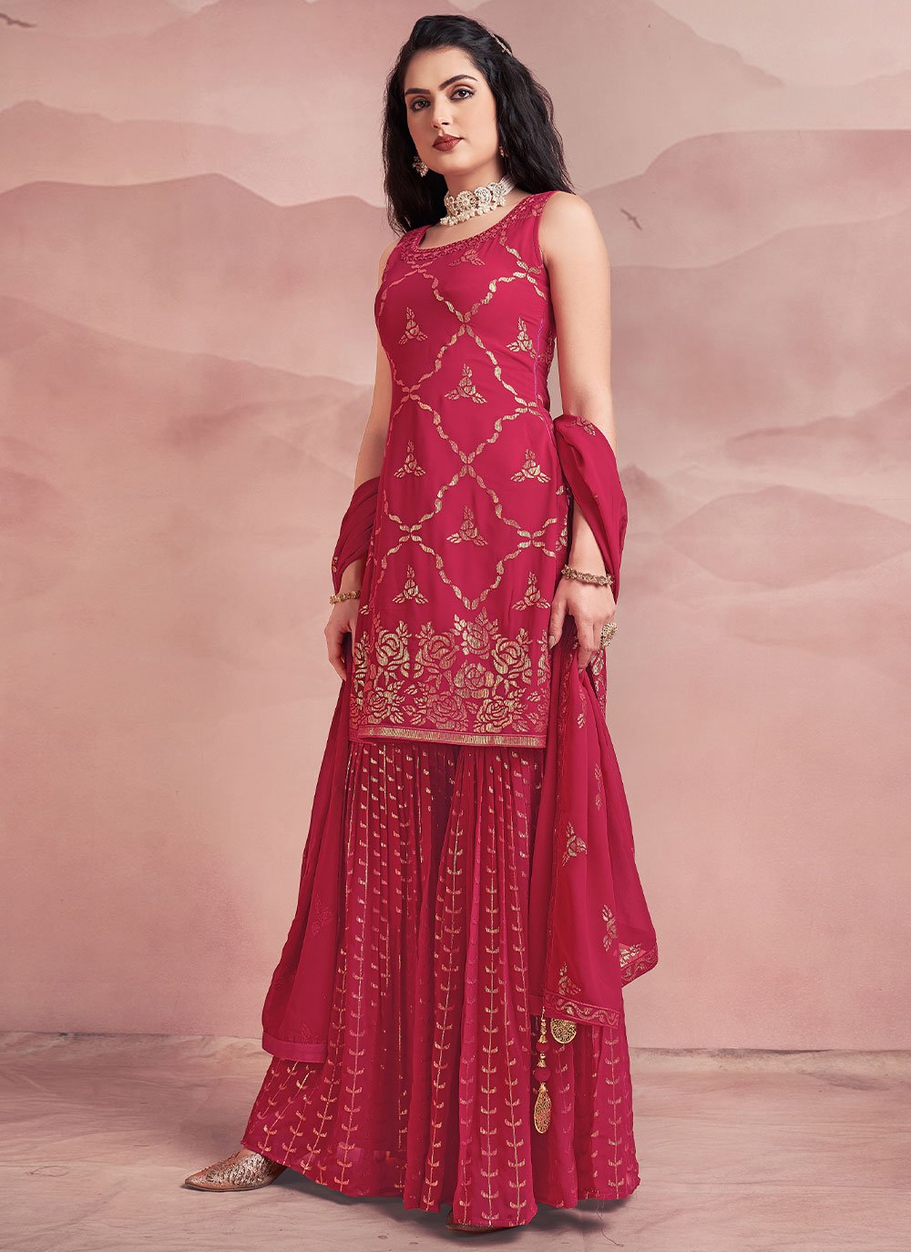 Readymade Style Georgette Hot Pink Sequins Salwar Kameez