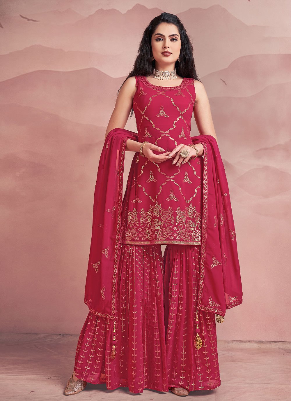 Readymade Style Georgette Hot Pink Sequins Salwar Kameez