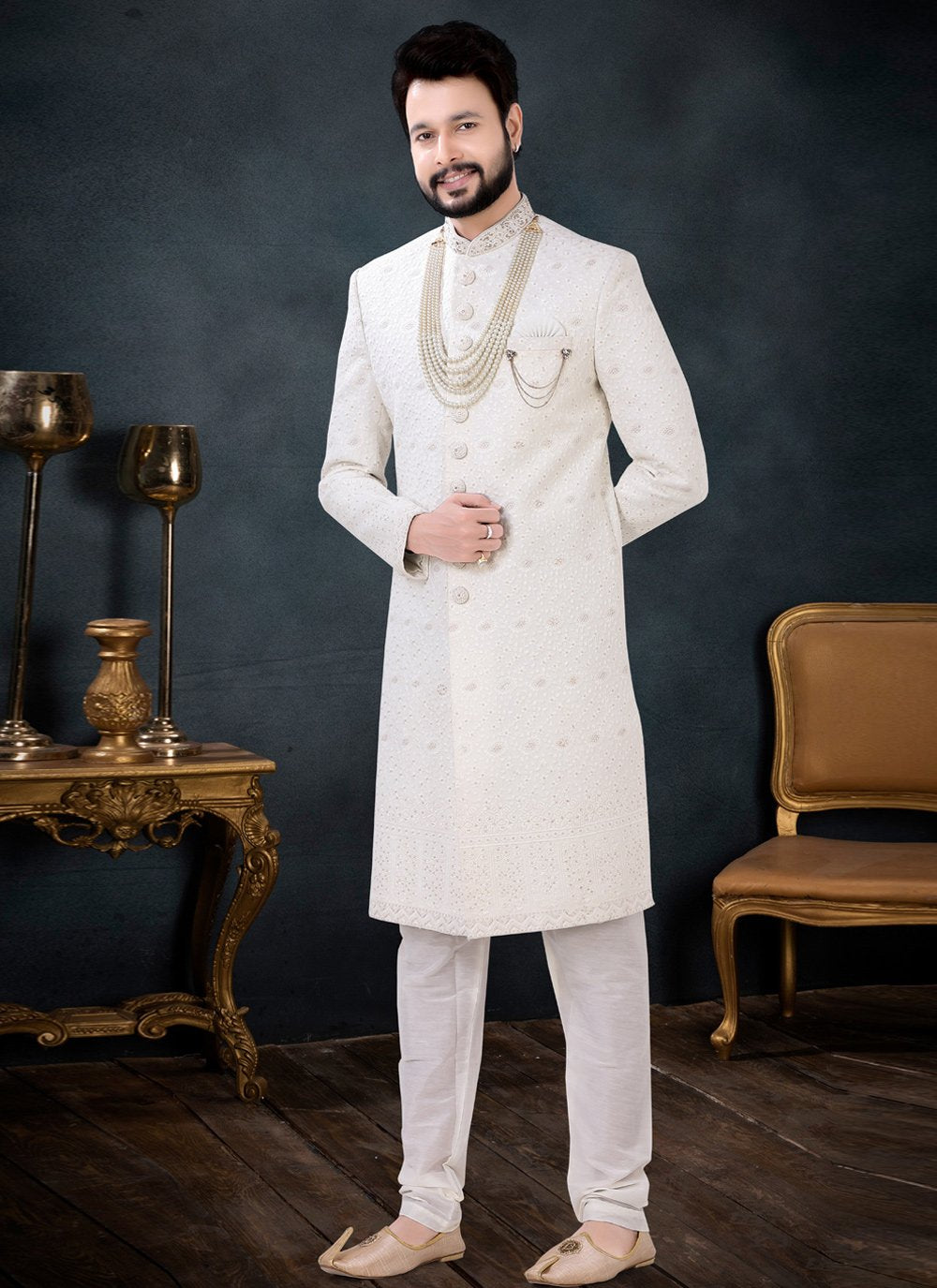 Indo Western Sherwani Georgette Cream Embroidered Mens